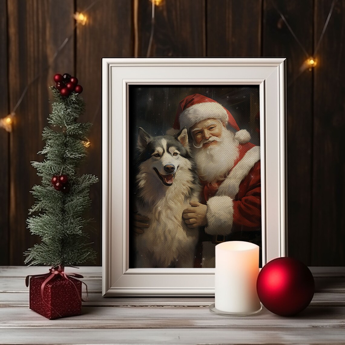 Santa Claus With Alaskan Malamute Dog Christmas Portrait Poster - Image 4