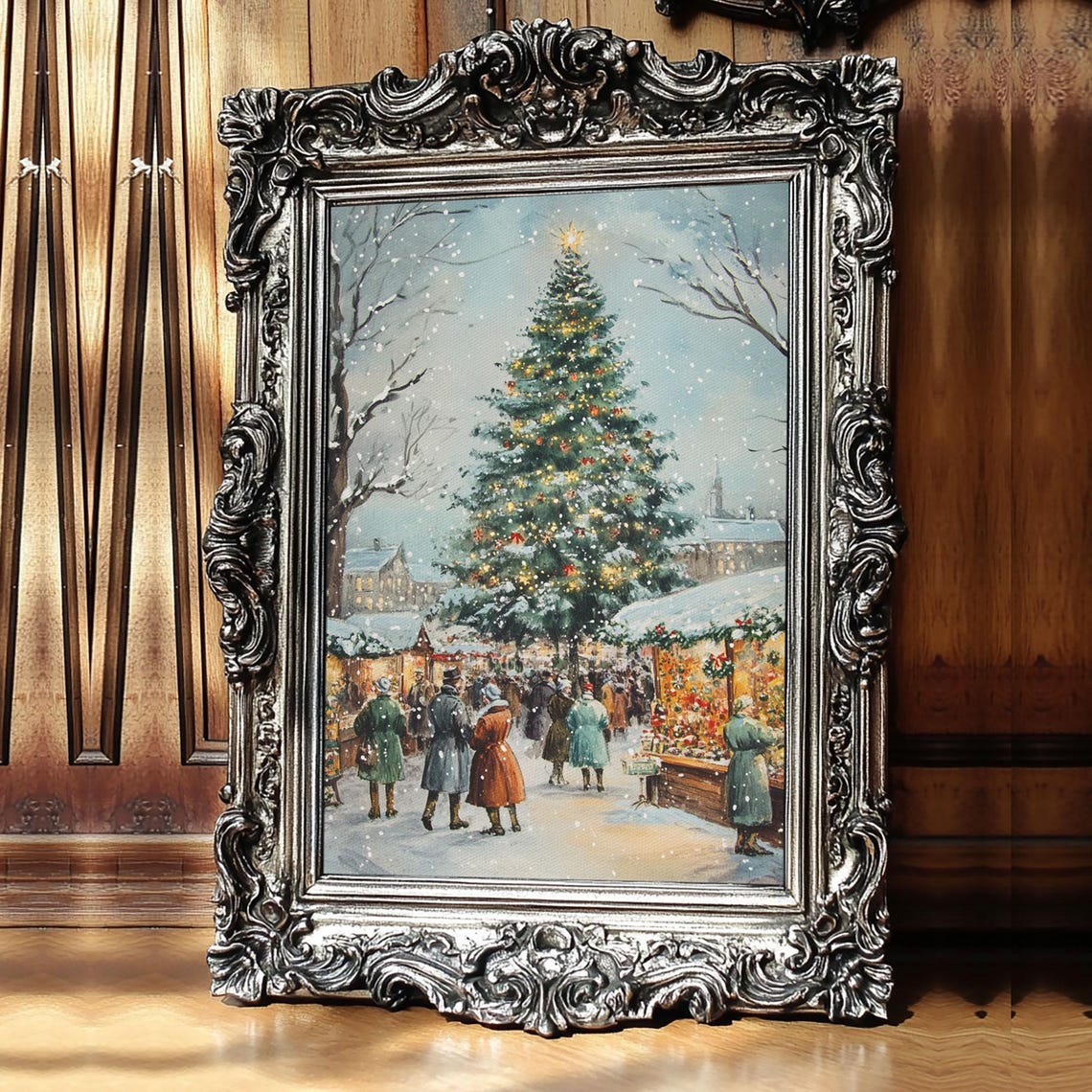 Snowy Christmas Market Tree With Decorated Stalls Night Poster