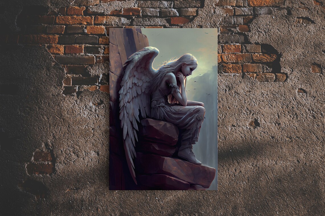 Sad Angel on a Roof Art Print, Figurative Decor