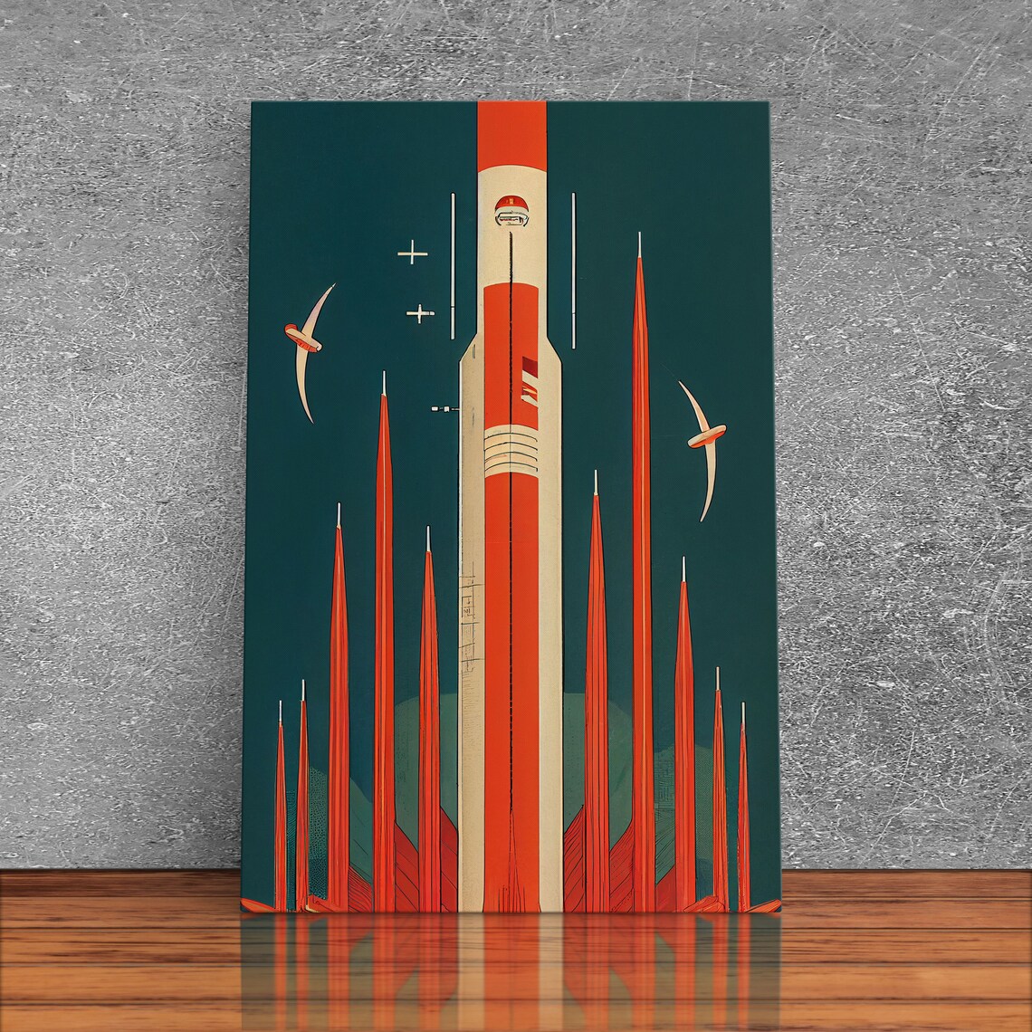 Art Deco Retro Rocket Launching To Space Vintage Style Wall Art Print - Image 3