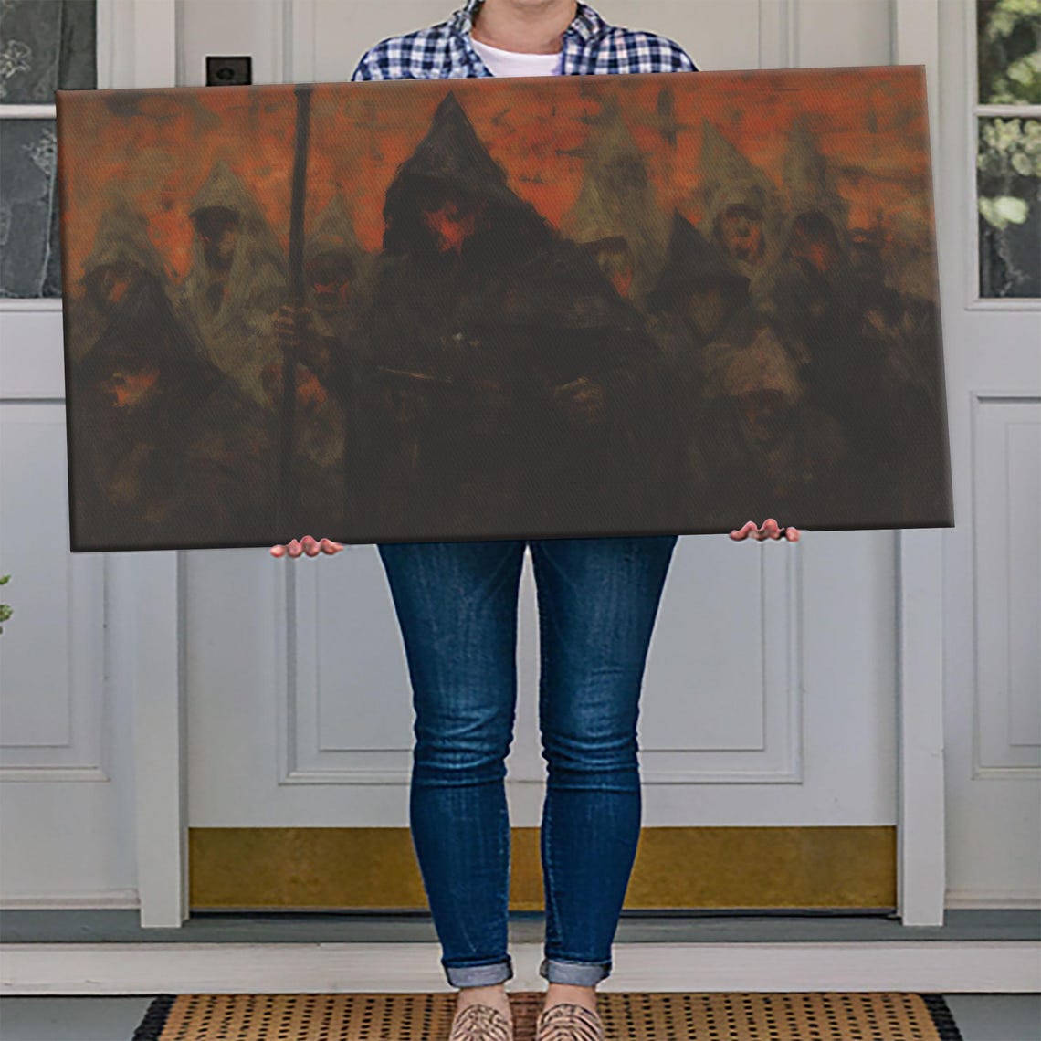 Hooded Cult Gathering Ritual Orange Night Sky Dark Horror Art Poster - Image 4
