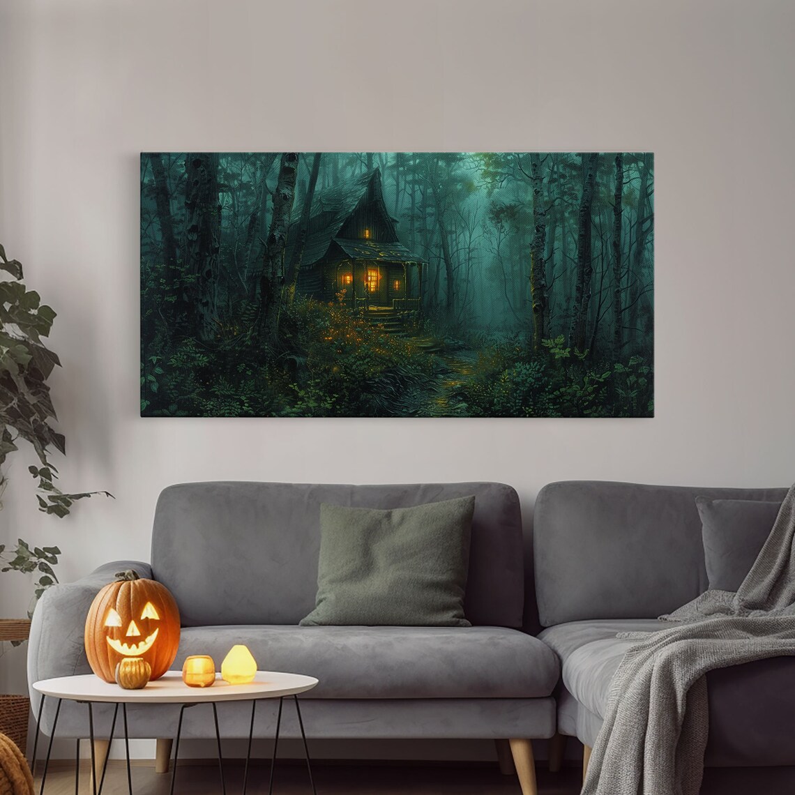 Haunted Cabin Misty Teal Forest Glowing Windows Night Spooky Halloween Print - Image 4