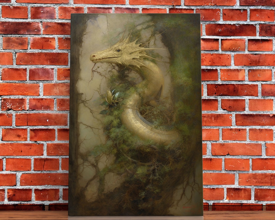 Golden Dragon Misty Green Forest Mythical Creature Fantasy Art Poster - Image 4