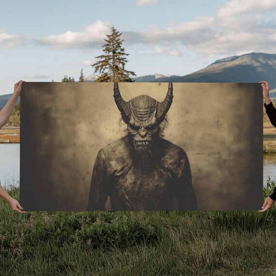 Horned Demon Portrait In Vintage Sepia Tintype Style Horror Poster