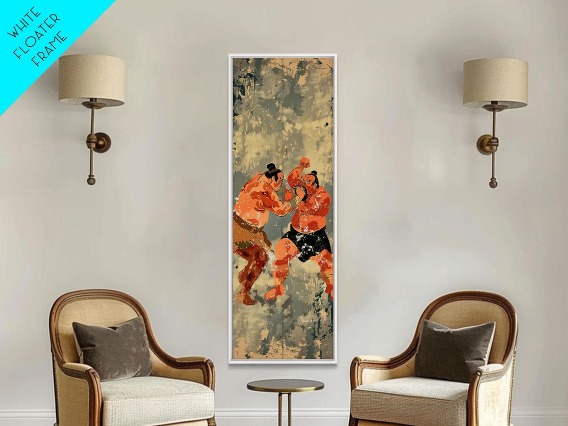 Two Sumo Wrestlers In Action Vintage Japanese Vertical Art Print - Image 4