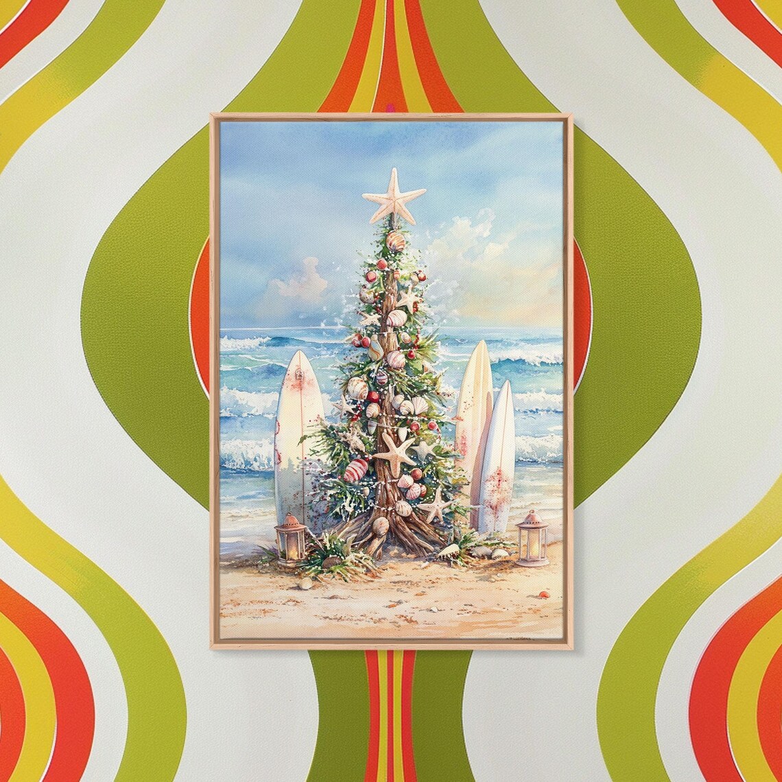 Coastal Christmas Tree With Surfboards Art Print