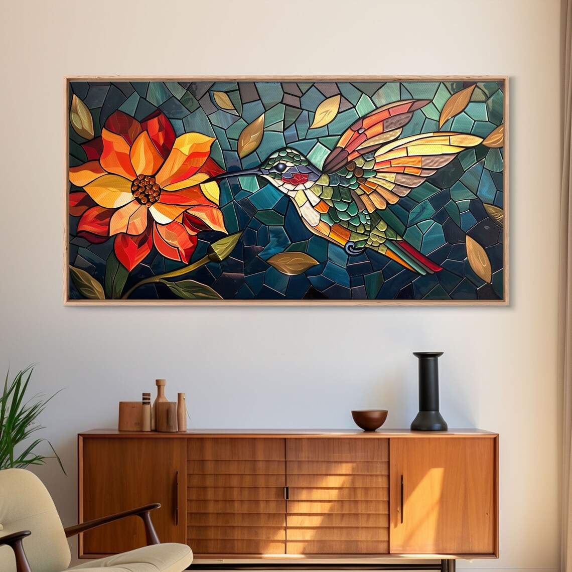 Hummingbird and Flower, Stained Glass Style Print
