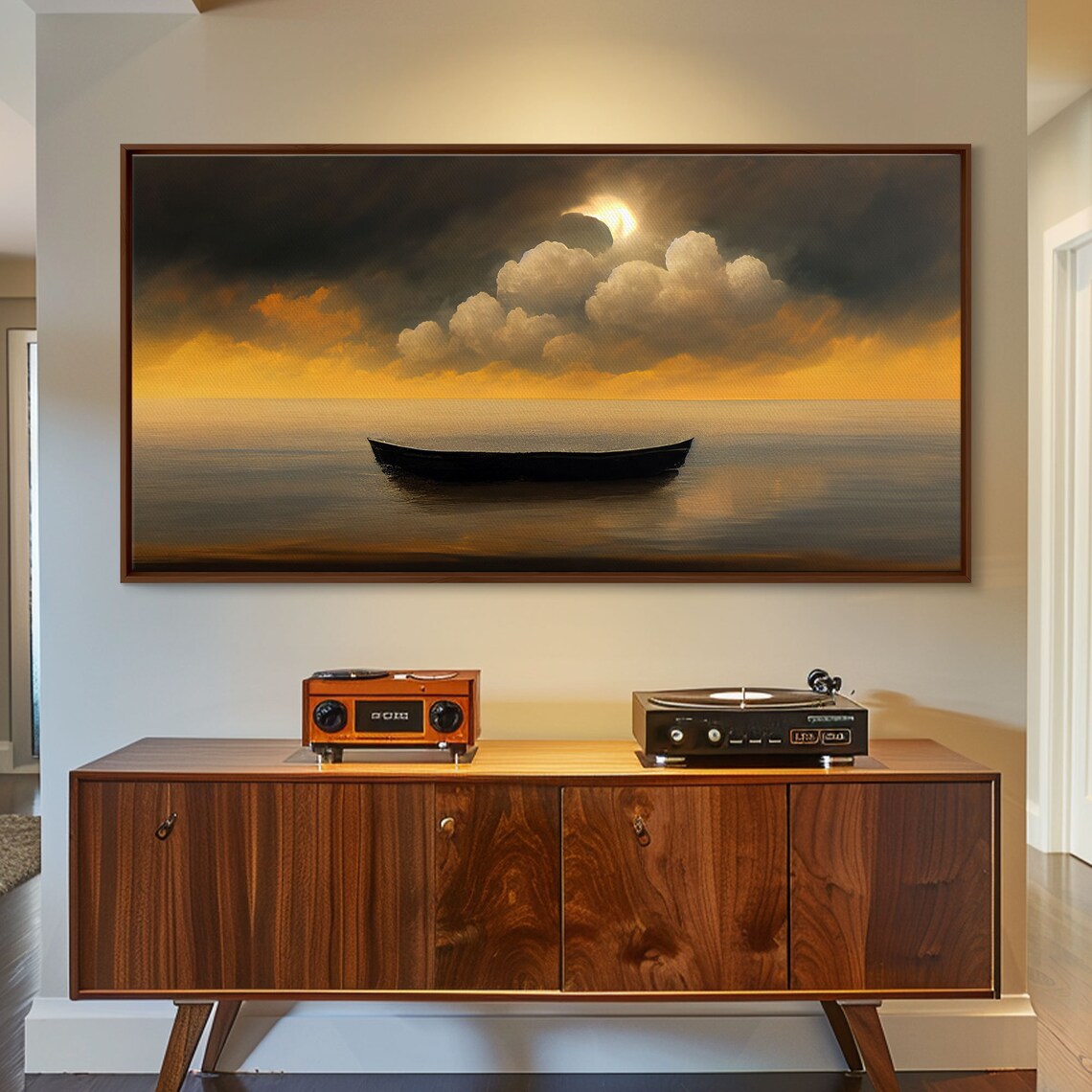 Row Boat On A Lake, Sunset Watercolor Landscape - Image 3