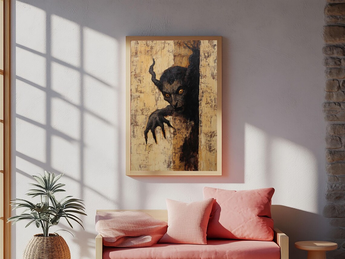 Horned Demon Peeking Around Wall Dark Horror Painting Poster