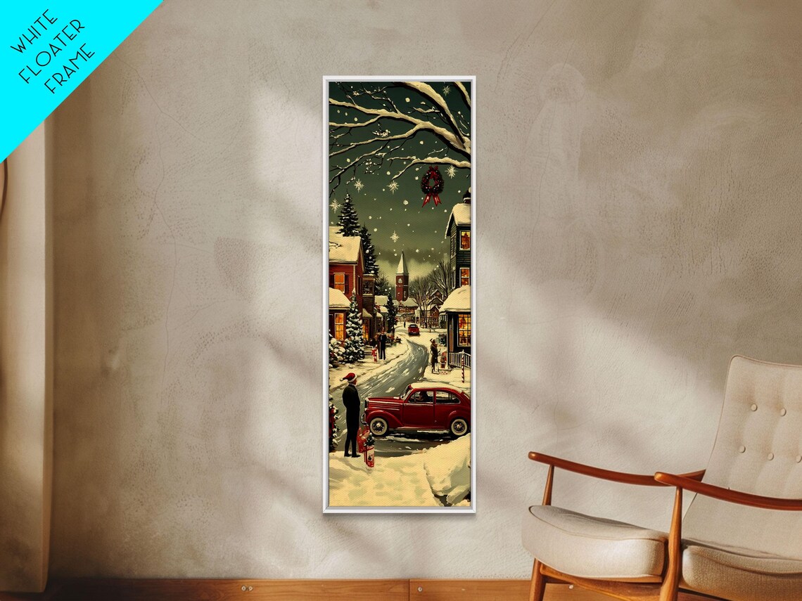 Snowy Night Street Red Vintage Car Wreath Church Christmas Poster - Image 5