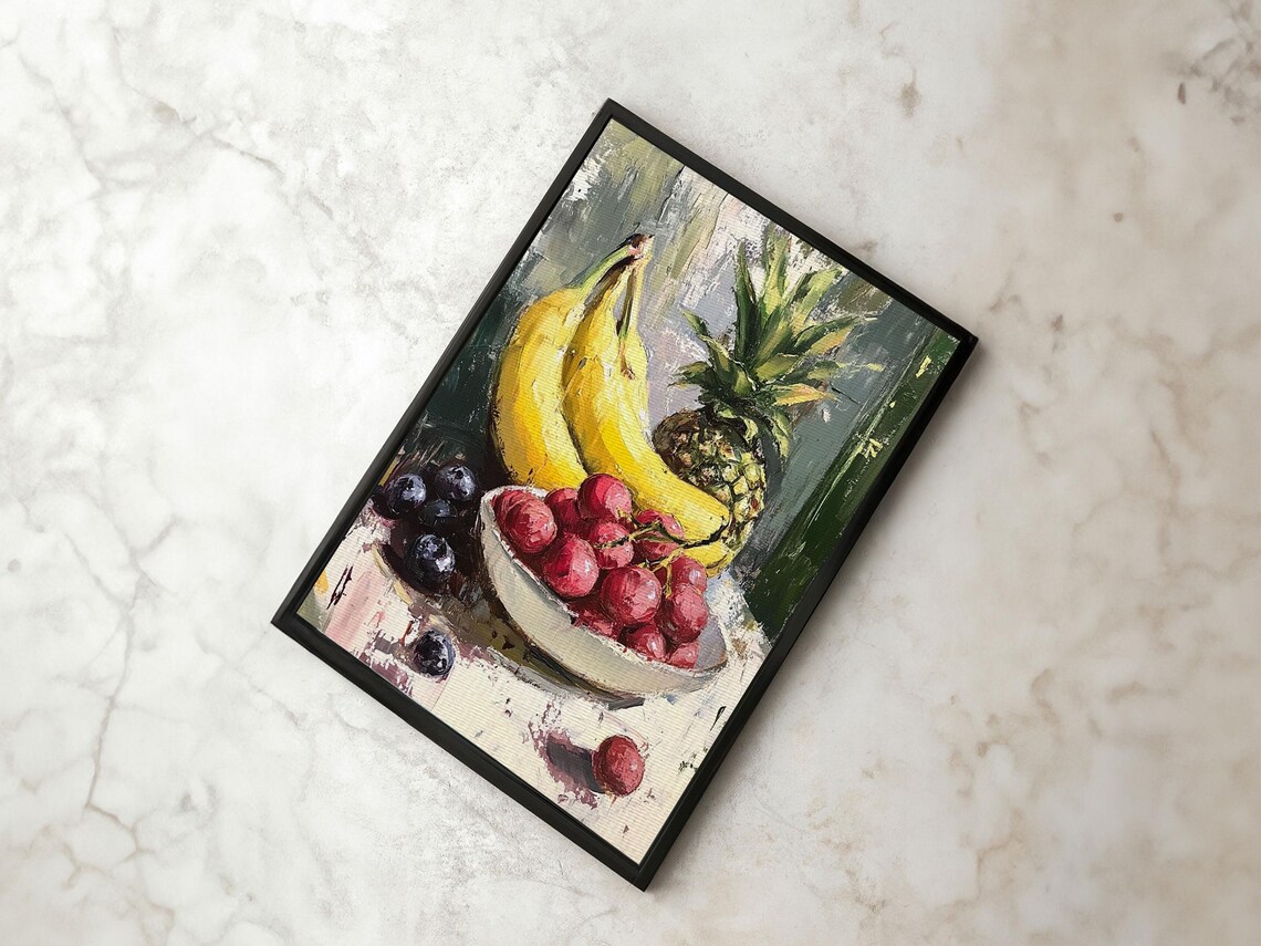 Banana Pineapple Cherries Fruit Bowl Still Life Oil Painting Poster - Image 5