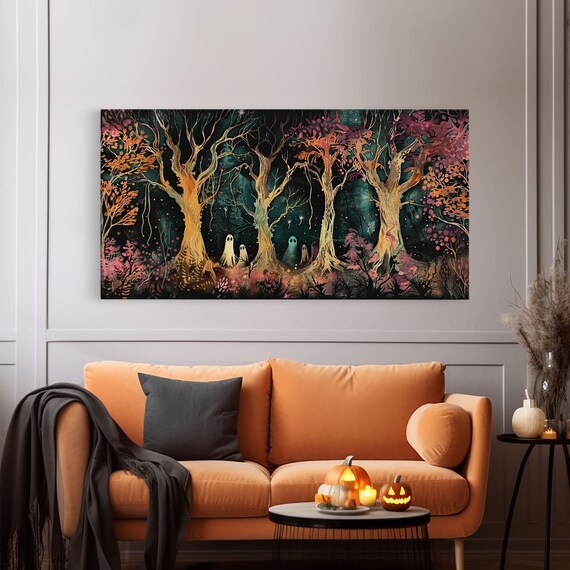 Spooky Ghosts Autumn Trees Glowing Night Forest Pink Foliage Halloween Print