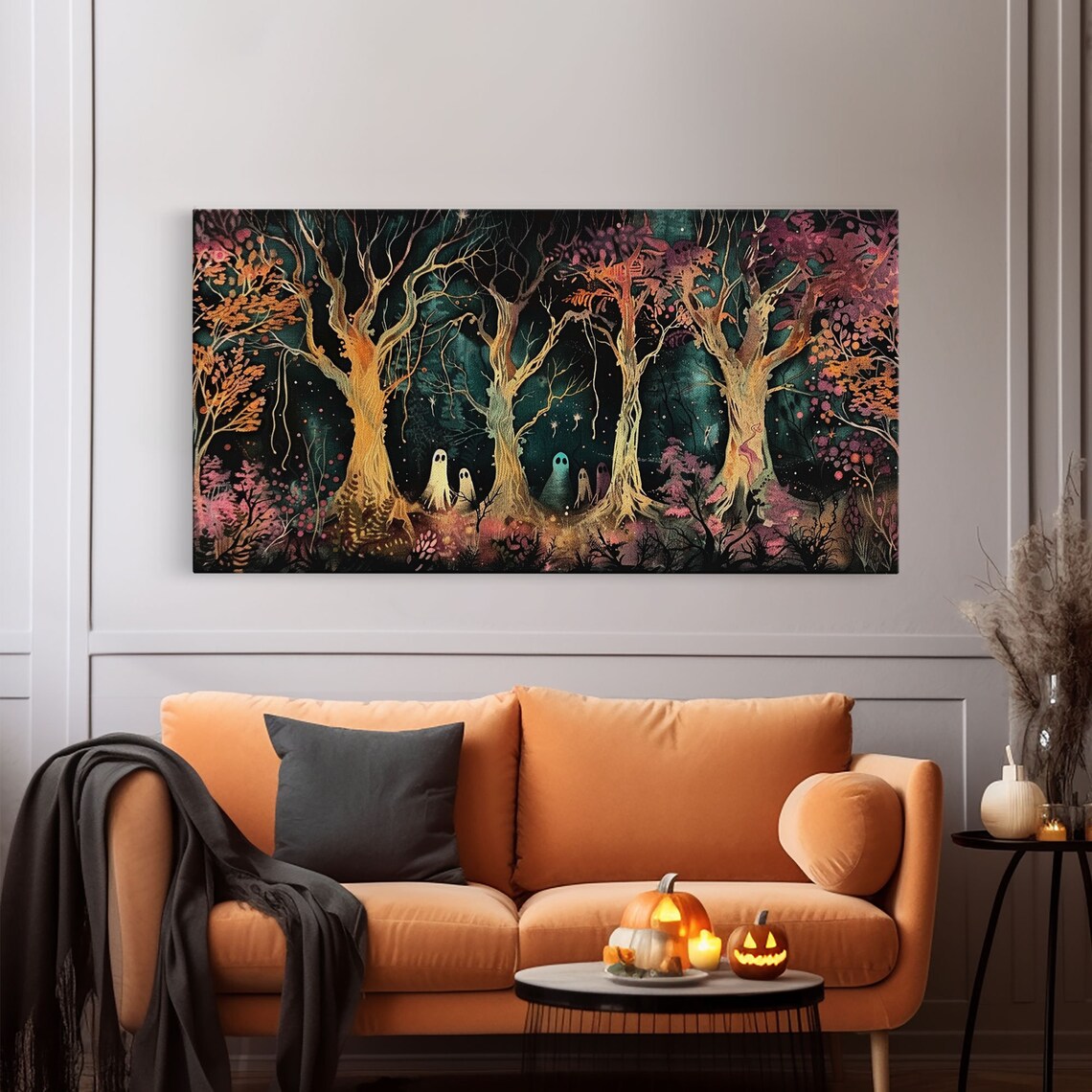 Spooky Ghosts Autumn Trees Glowing Night Forest Pink Foliage Halloween Print