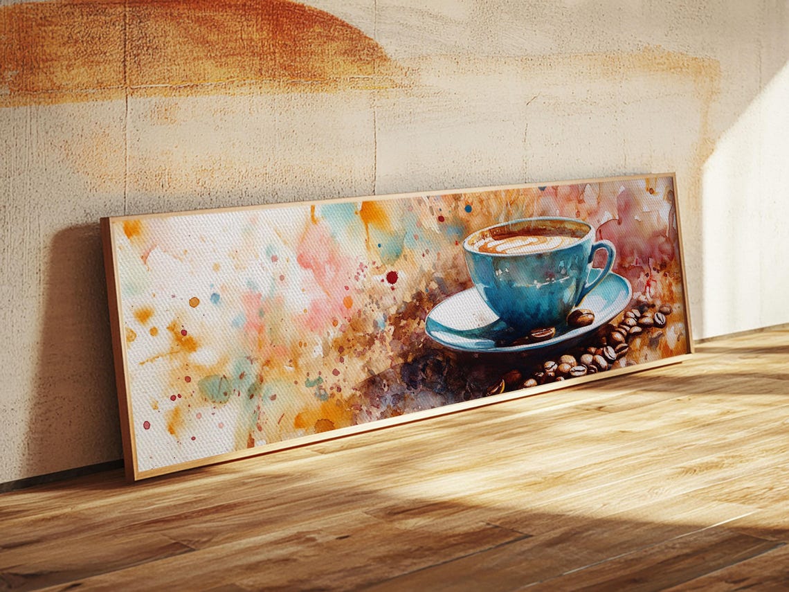 Latte Art Coffee Cup Watercolor Panoramic Colorful Kitchen Wall Poster - Image 4