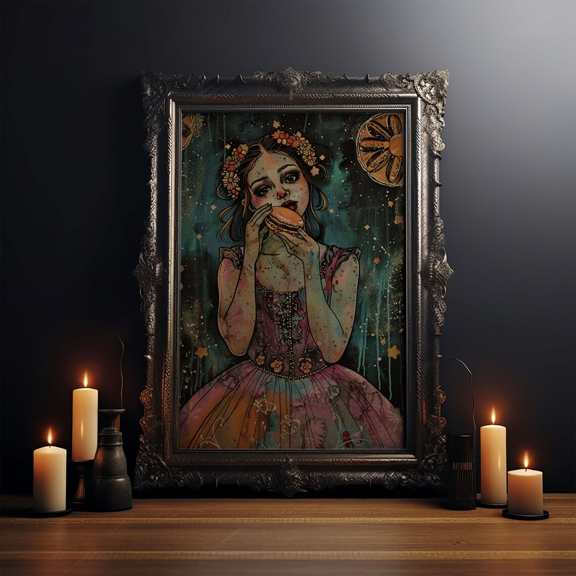 Girl Eating Macaron Flower Crown Vintage Spooky Sweet Art Poster - Image 3