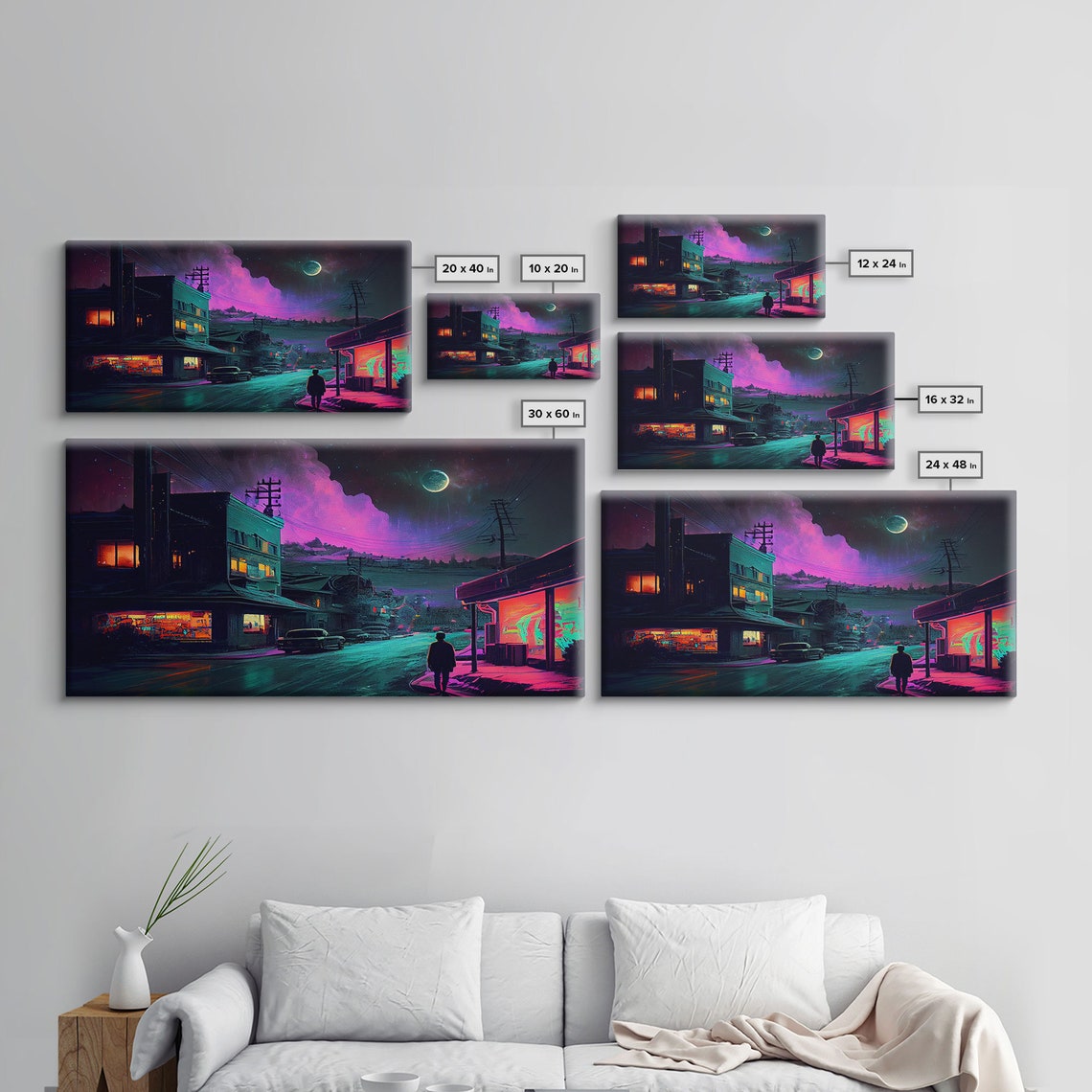 Neon City Street Night Moon Lone Figure Retro Sci Fi Town Poster - Image 2