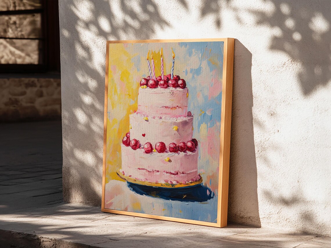Cherry Birthday Cake With Lit Candles Colorful Oil Painting Poster