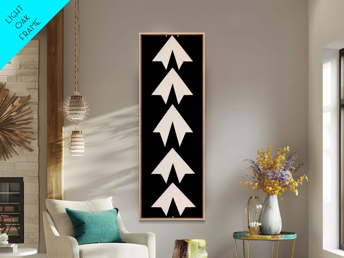 Five White Arrows Black Background Monochrome Geometric Wall Art