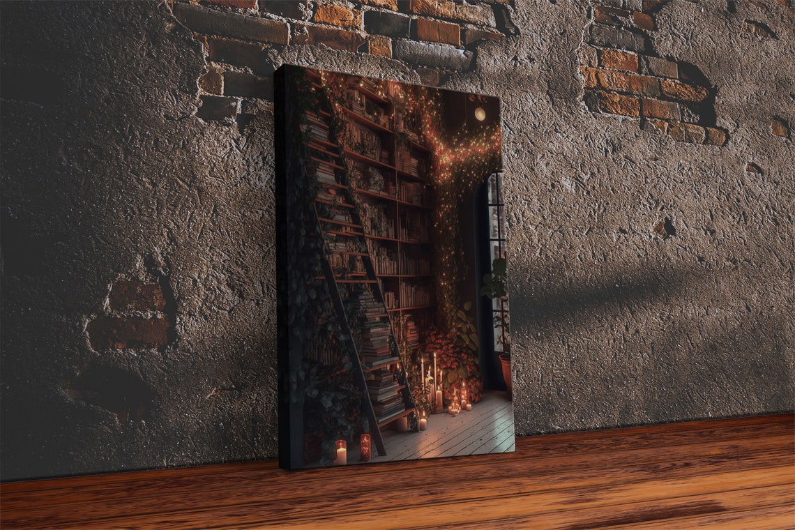 Dark Academia Moody Library Ladder Candlelit Bookshelves Art Poster - Image 3