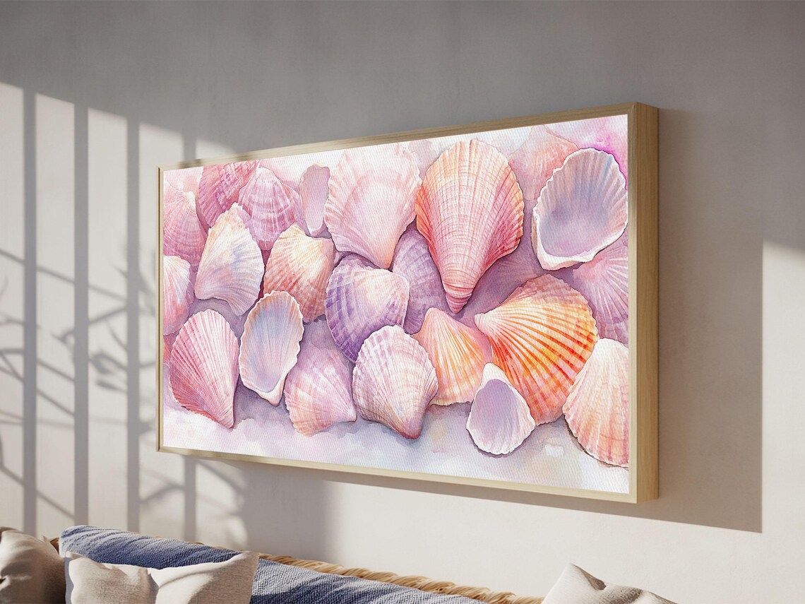 Pink Seashells Watercolor Coastal Beach Nautical Bedroom Wall Art Print - Image 5