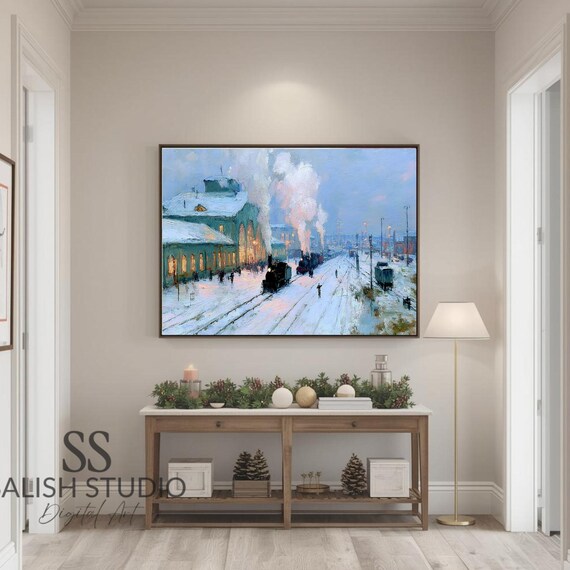Vintage Winter Train Station Snowy Steam Locomotive Art Poster