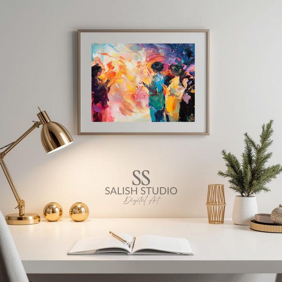 Contemporary Abstract Figurative Wall Art Colorful People Scene Expressive Lively Painting Bold Modern 460