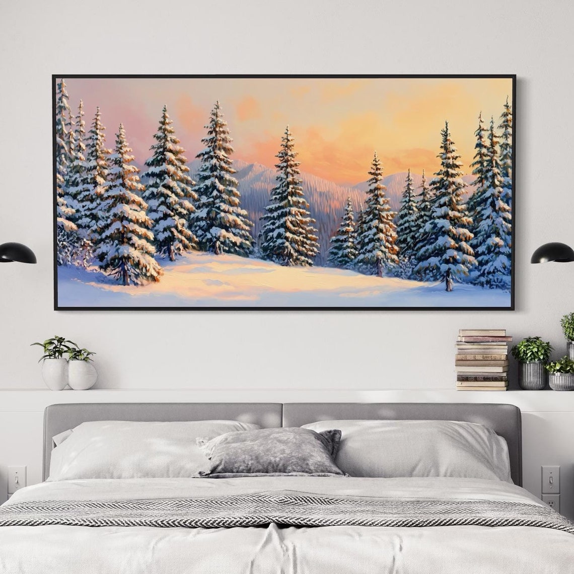 Snowy Pine Forest Winter Sunset Glow Mountains Panoramic Wall Print