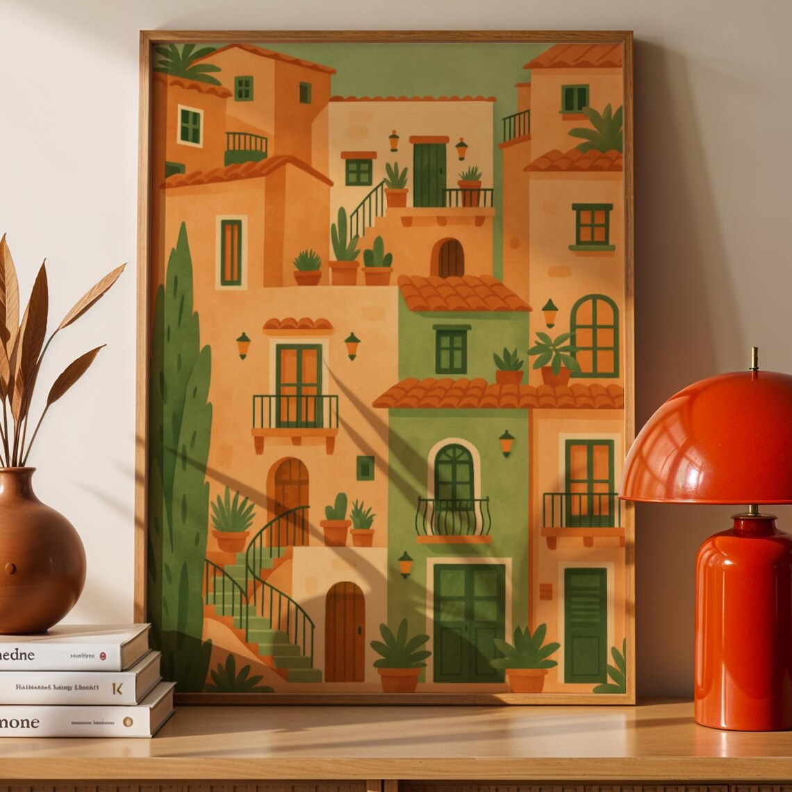 Mexican Village Terracotta Houses Cactus Folk Style Illustration Poster