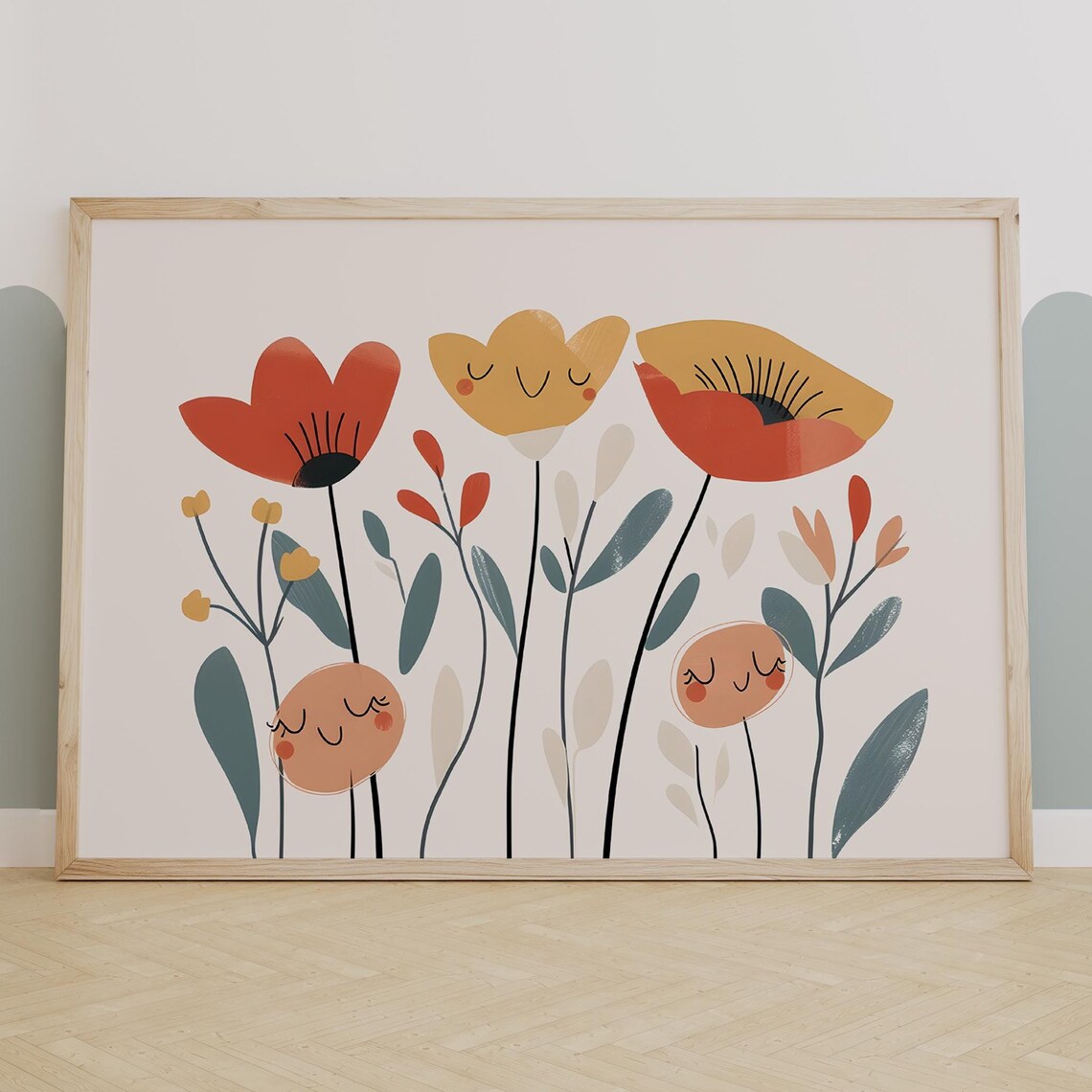 Smiling Poppy Flowers Meadow Modern Playful Kids Wall Decor Poster