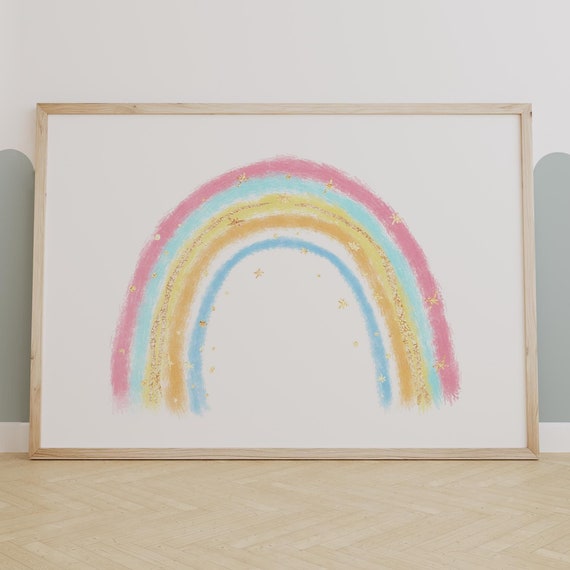 Pastel Rainbow Nursery Wall Art Whimsical Watercolor Print With Gold Accents Dreamy Baby Room Decor