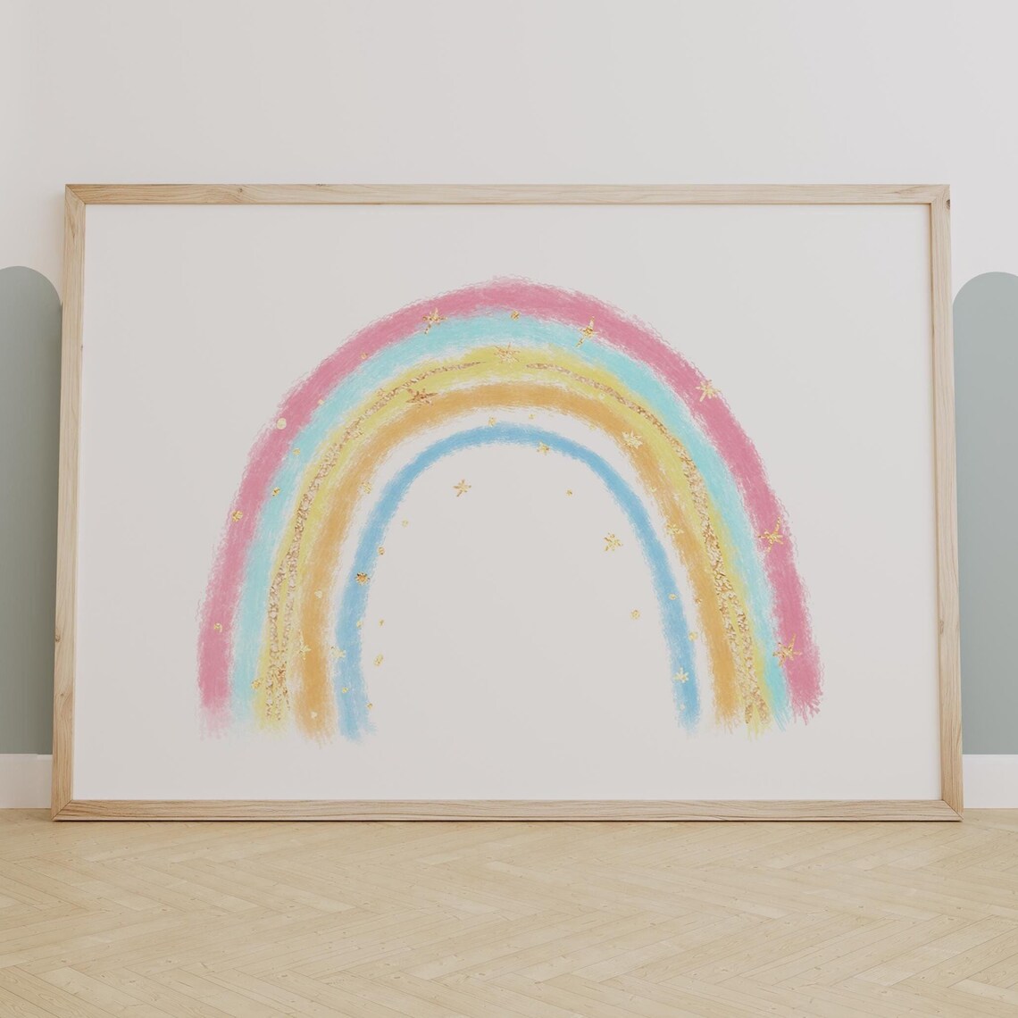 Pastel Rainbow With Gold Glitter Dreamy Baby Room Wall Decor Poster