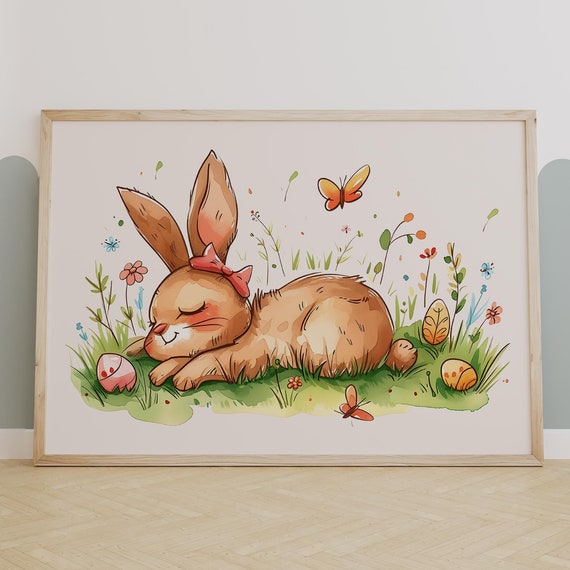Sleeping Bunny Nursery Wall Art Easter Rabbit With Butterflies And Flowers Whimsical Spring Kids Room Decor