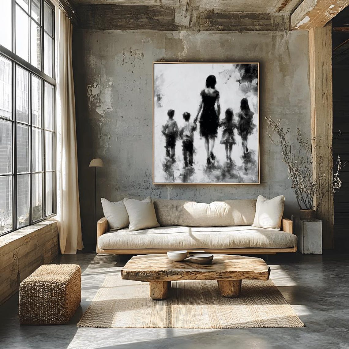 Mother Four Children Walking Silhouette Monochrome Tender Art Poster - Image 2