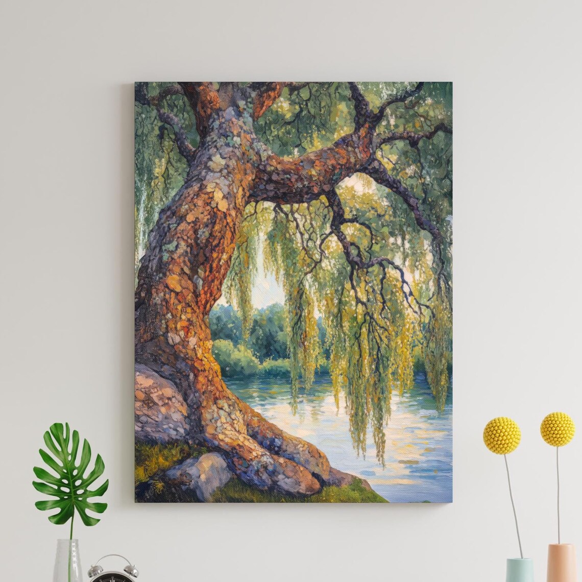 Weeping Willow Tree River Bank Golden Foliage Oil Painting Poster - Image 5