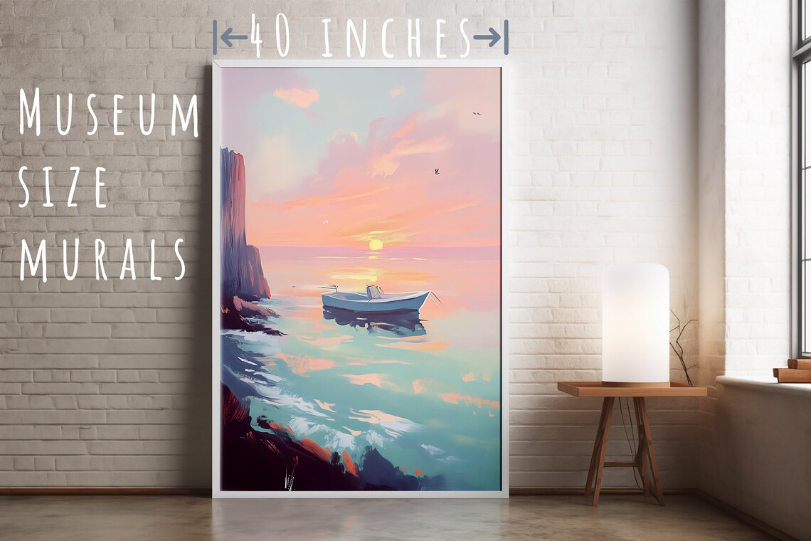 Small Blue Boat At Pink Sunset Calm Ocean Pastel Seascape Print - Image 5