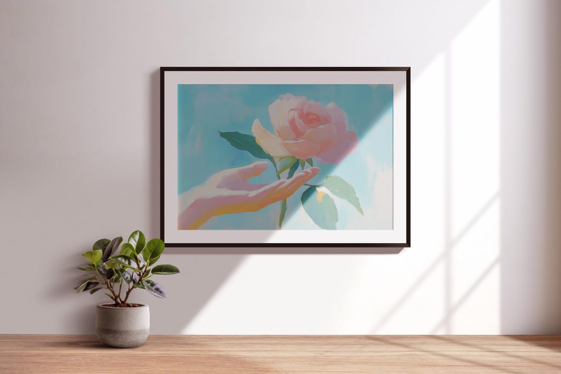 Hand Touching Pink Rose Pastel Painting Turquoise Sky Floral Wall Art - Image 3