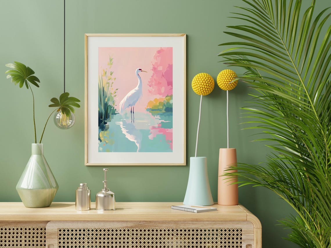 White Crane Bird Turquoise Pond Pink Blossom Tree Serene Art Poster - Image 2