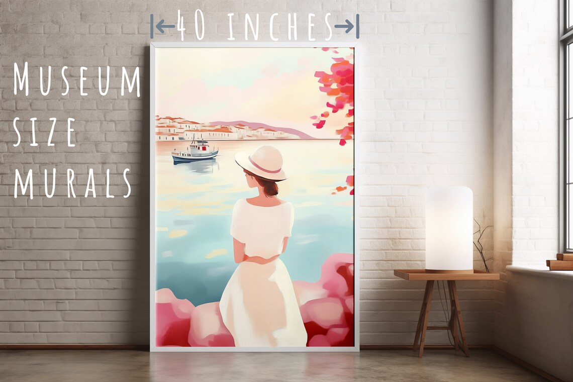 Mediterranean Harbor Woman Overlooking Boat Coastal Scene Art Poster - Image 5