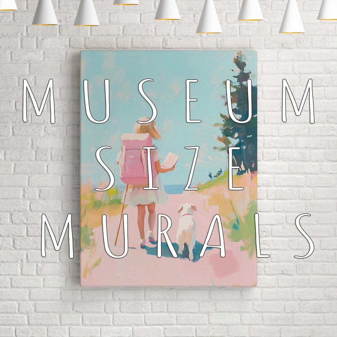 Girl with Pink Backpack and Dog Walking Path to the Sea Art Poster - Image 3