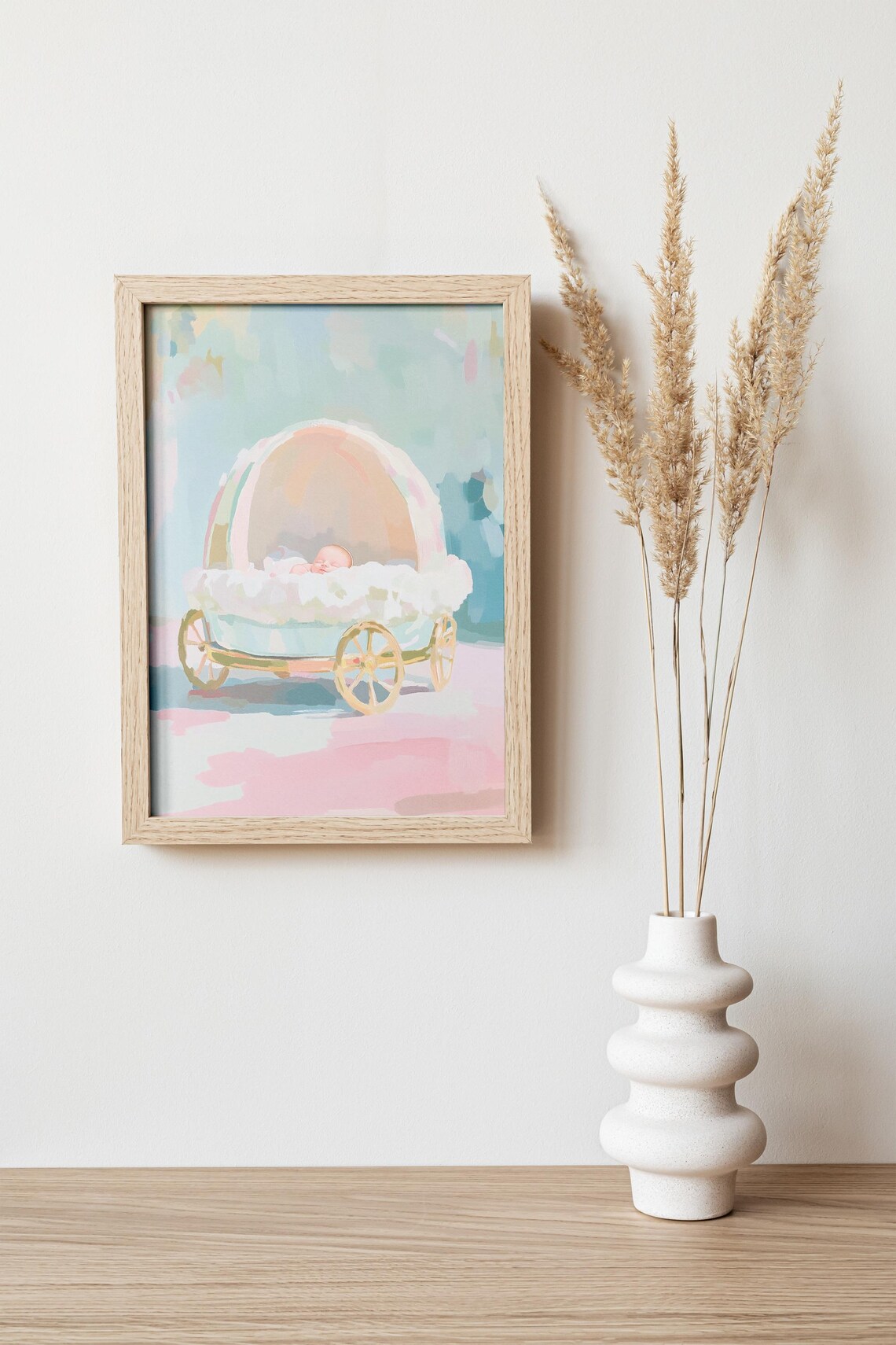 Sleeping Baby Vintage Pastel Pram Golden Wheels Nursery Wall Art - Image 4