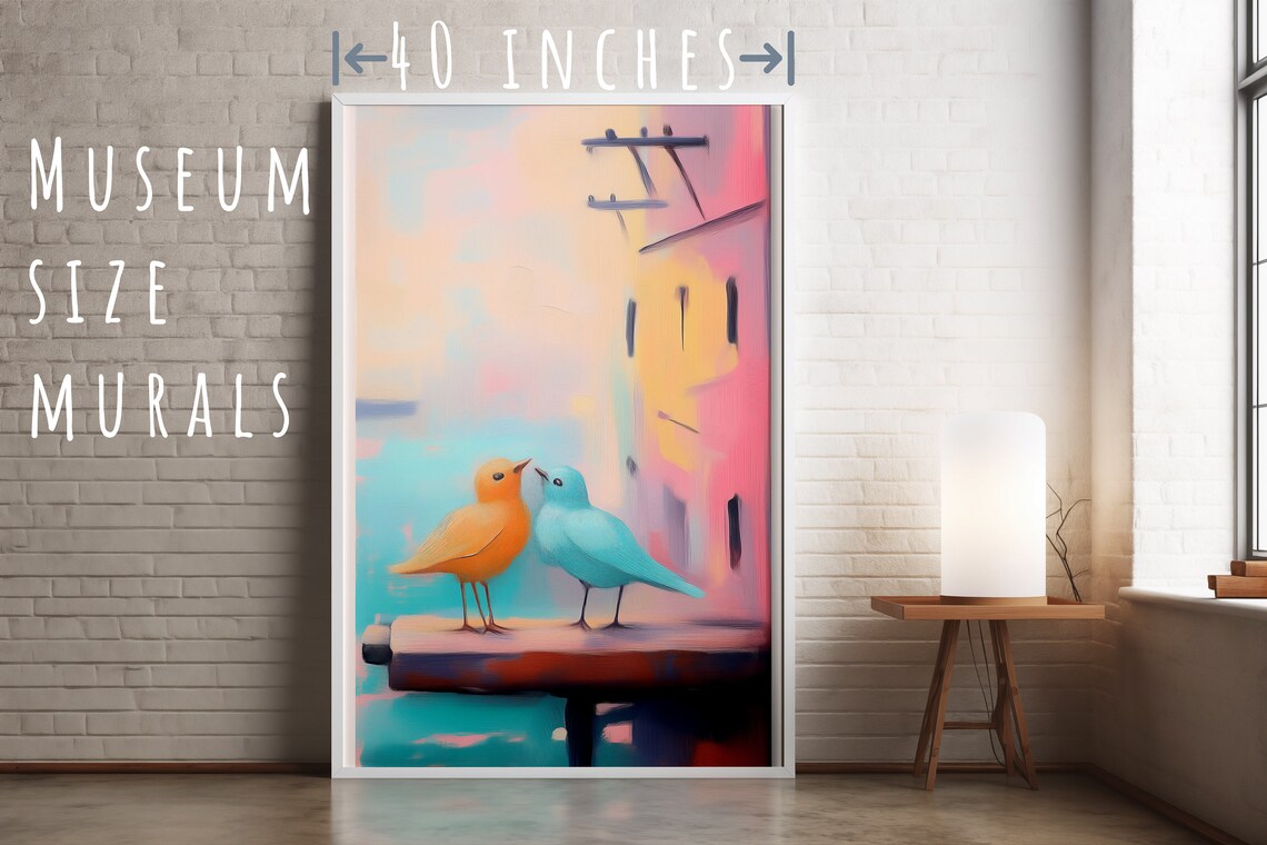 Orange And Teal Birds Pair Snuggling Pastel Abstract Art Print - Image 5