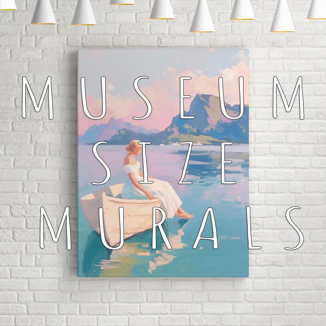 Woman In White Dress Sitting In Rowboat On Calm Turquoise Lake Poster - Image 3