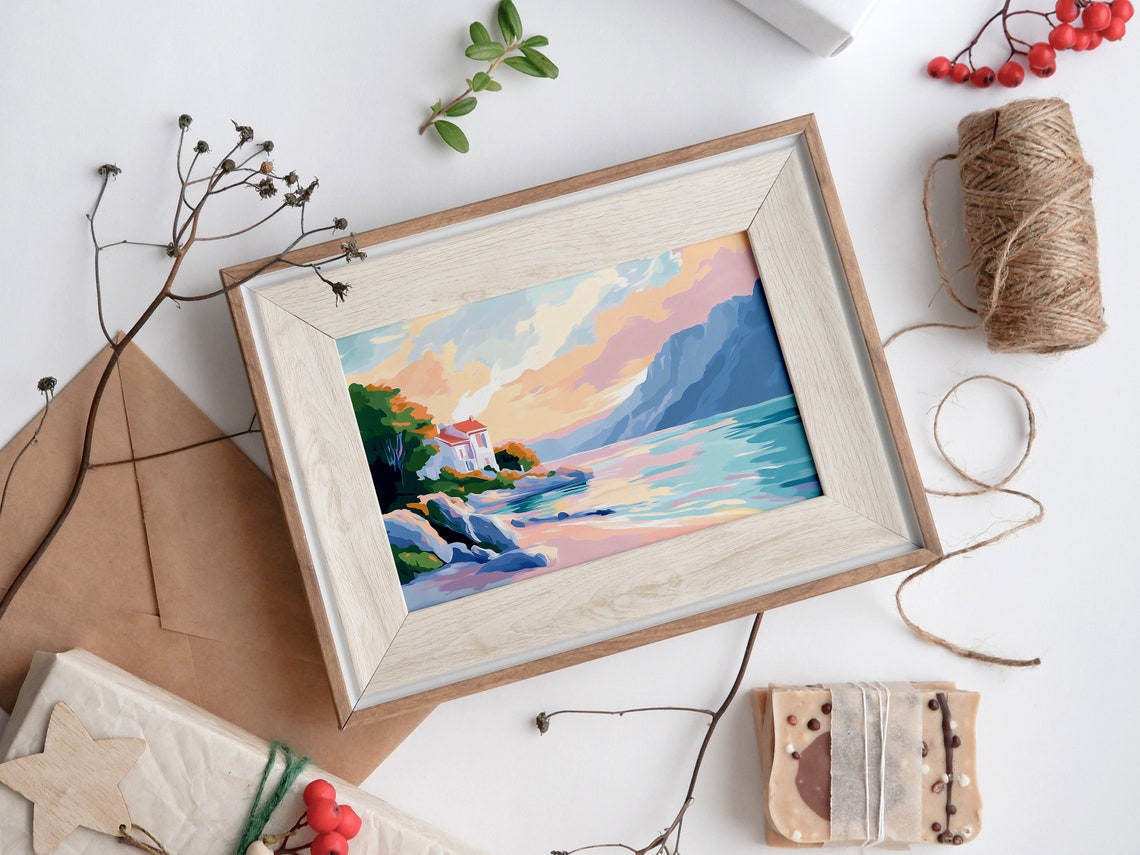 White House with Red Roof on Pink Beach Coastal Sunset View Poster - Image 5