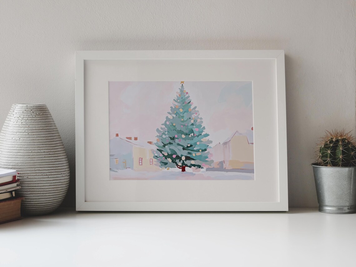 Pastel Christmas Tree Gold Star Snowy Street Winter Art Poster - Image 4