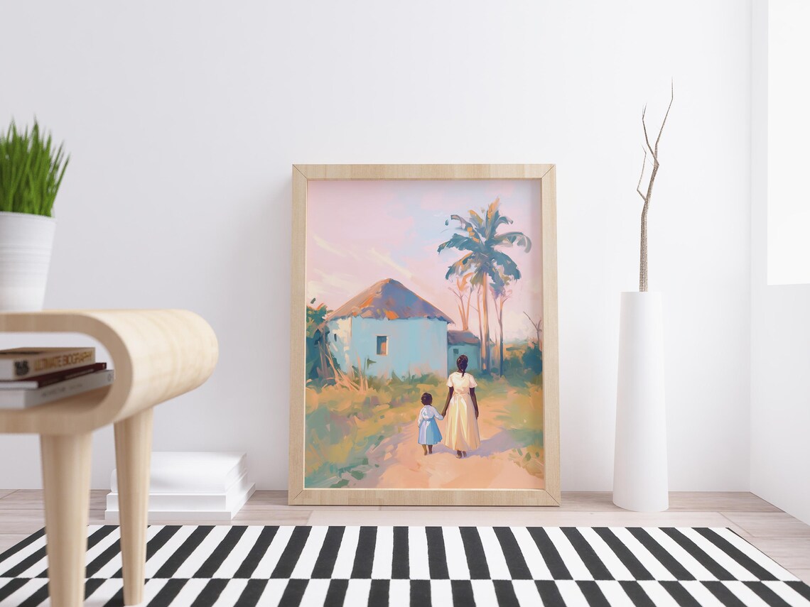 Mother Child Walking Path Thatched Hut Palm Trees Tropical Sunset Wall Art - Image 4