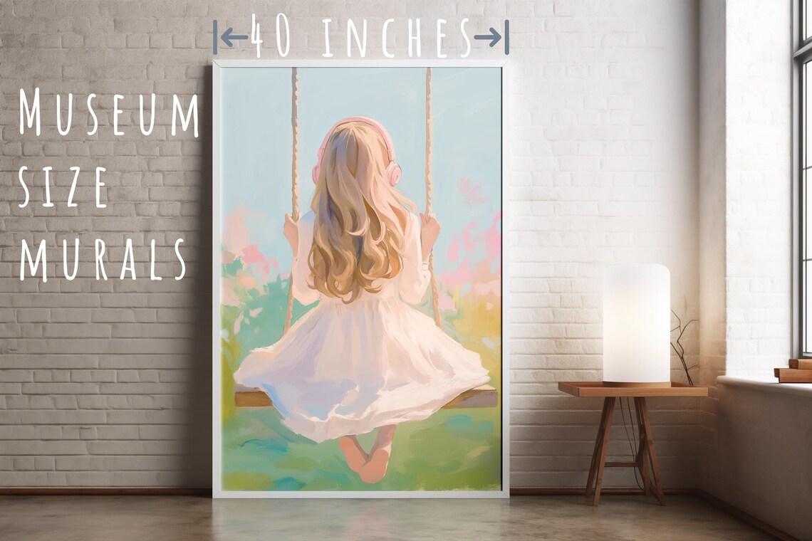 Dreamy Girl White Dress Pink Headphones Swing Pastel Garden Watercolor Print - Image 5