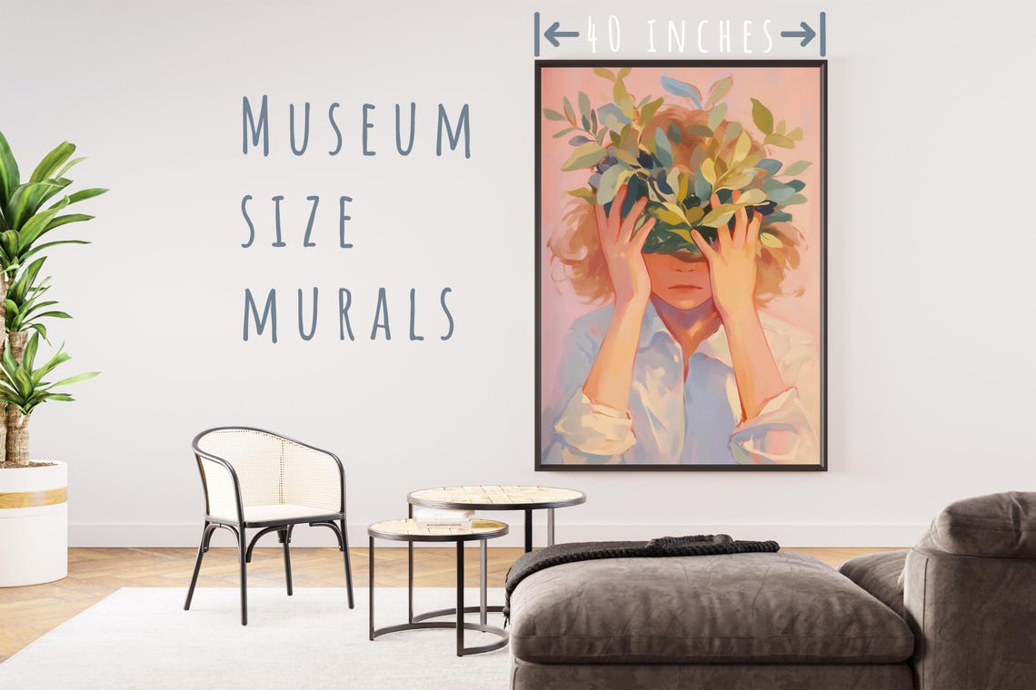 Woman Holding Leafy Branches Over Her Face Blush Pink Art Poster - Image 5