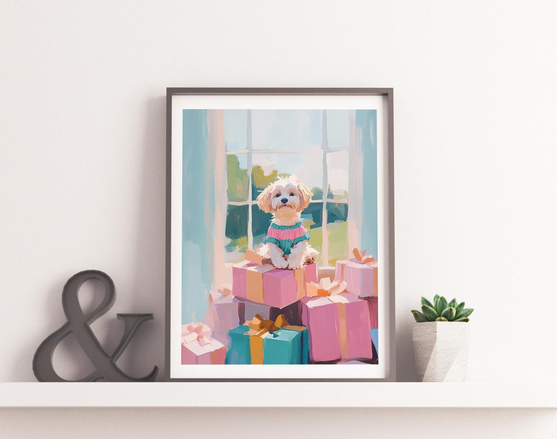 Fluffy Puppy In Striped Sweater On Gifts By Bright Window Print - Image 4