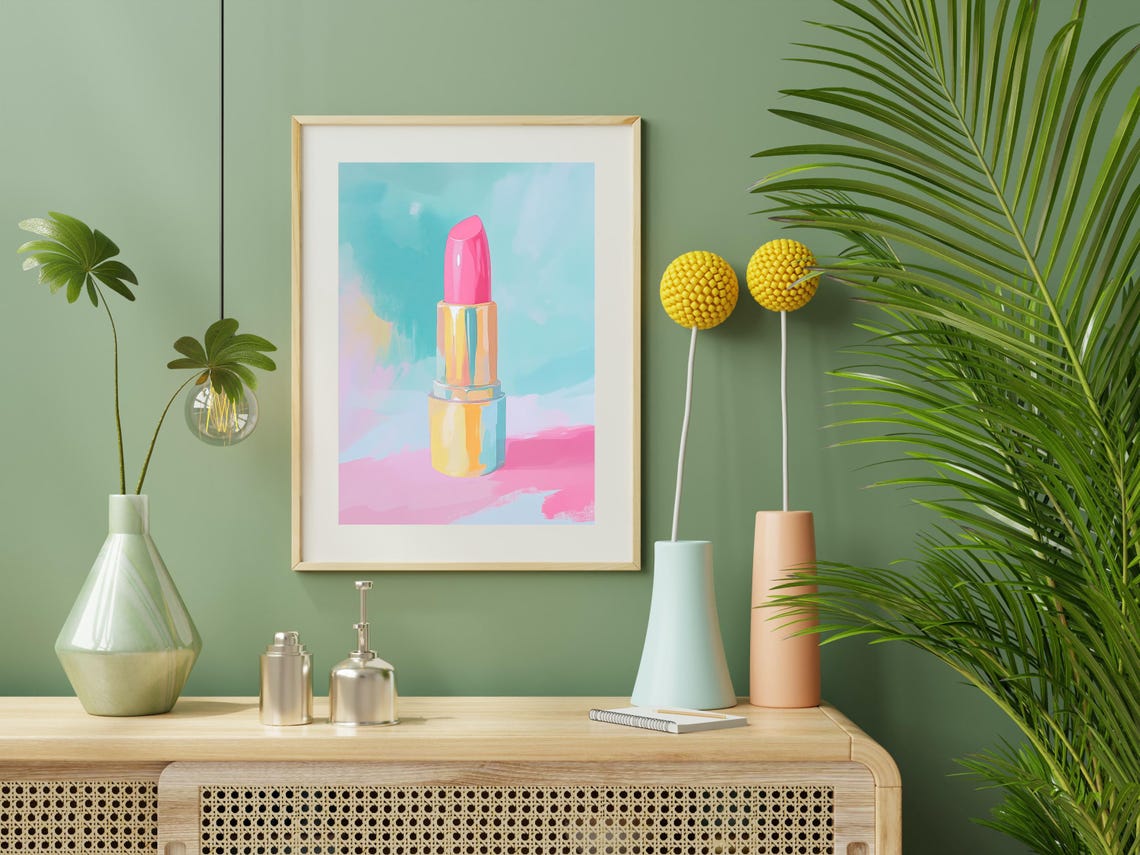 Pink Lipstick In Gold Tube On Pastel Pink And Teal Canvas Wall Art - Image 2