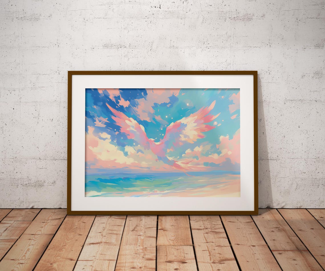Pastel Phoenix Rising Over Ocean Sunset Clouds Fantasy Art Poster - Image 2